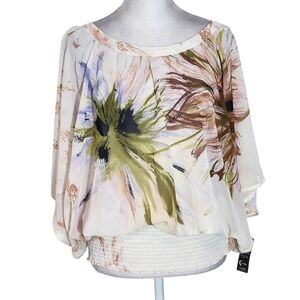Unique Spectrum Sheer Floral Print Blouse with Smocked Waist NWT Size Medium